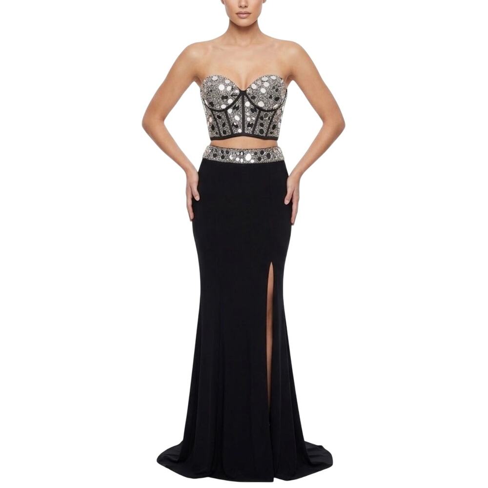 Jovani 6404A Black Evening Gown Beaded Corset Two-Piece Mermaid Dress Size 6
